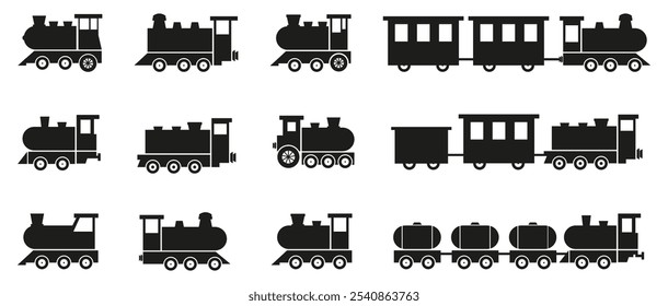 Freight train with locomotive, passenger train icons collection. Black silhouette of freight trains collection. Set of railway transport