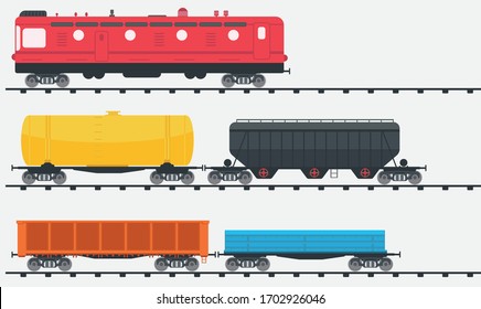 Freight train locomotive wit railcars. Railroad cargo transport.  Railway carriage with  goods wagons.