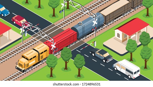 Freight Train On Railway Crossing 3d Isometric Vector Illustration