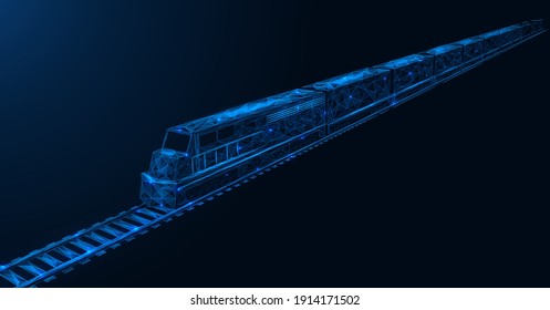 Freight train. Overland cargo delivery. A locomotive running on rails. Polygonal construction of thin lines. Blue background.