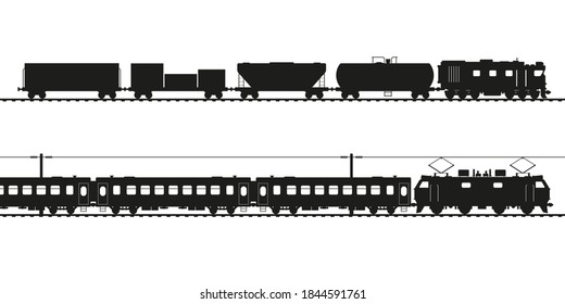 Freight train and passenger train black vector silhouette. Diesel locomotive and electric locomotive, various types of wagons.