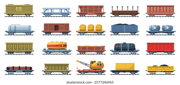 Freight train. Railroad locomotive transport and rail cargo carriages, railway wagon platform with containers for transport goods, train shipment delivery. Vector set.