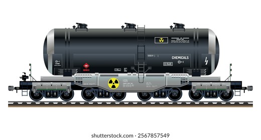 Freight train railway carriage chemical tank wagon containing toxic waste radioactivity biological hazard 3D vector illustration