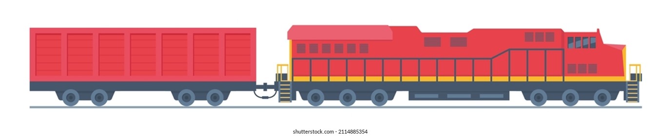 Freight train. Railway locomotive and wagon , transportation cargo. Cargo train. Modern freight traffic vector flat illustration