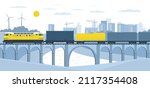 Freight train rides over the bridge against the backdrop of the forest, river and city on the horizon. 
Vector illustration.
