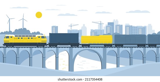 Los trenes de mercancías sobrepasan el puente sobre el telón de fondo del bosque, río y ciudad en el horizonte. 
Ilustración vectorial.