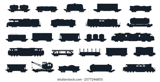 Freight train silhouette. Black railroad cargo locomotive and carriages, industrial railway transportation, coal boxcar tank wagon. Vector isolated set.