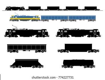 Freight Train Silhouette. Side View. Flat Vector.