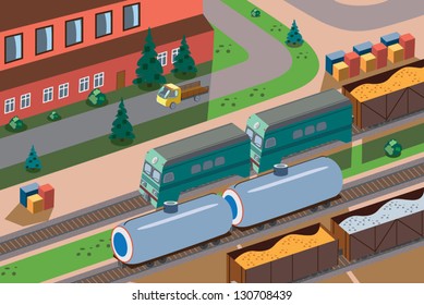 Freight train of two green locomotives carries  building sand on the rails.