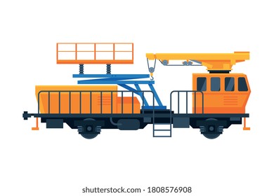 Vagón de tren de mercancías, grúa ferroviaria para el levantamiento y el desplazamiento de carga, Vector plano de transporte ferroviario Ilustración sobre fondo blanco