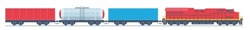 Freight Train With Wagons, Tanks, Freight, Cisterns. Railway Locomotive Train With Oil Wagon, Transportation Cargo. Cargo Train. Modern Freight Traffic Vector Flat Illustration
