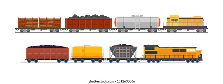 Freight train with wagons, tanks, freight, cisterns. Railway locomotive train with oil wagon, transportation cargo. Transportation of oil, sand, wood. Modern freight traffic vector flat illustration