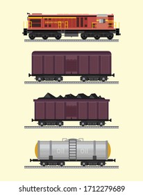 Freight train with wagons, tanks, freight, cisterns. Railway locomotive train with oil wagon, transportation cargo. Transportation of oil Modern freight vector flat illustration