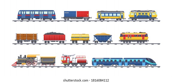 Freight train with wagons, tanks, freight, cisterns. Railway locomotive train with oil wagon, transportation cargo, railway crane for lifting cargo, transport locomotive, subway metro vector isolated