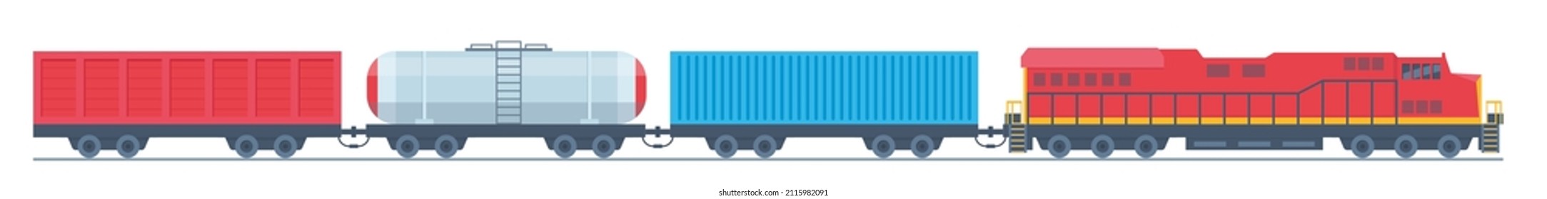 Freight train with wagons, tanks, freight, cisterns. Railway locomotive train with oil wagon, transportation cargo. Cargo train. Modern freight traffic vector flat illustration