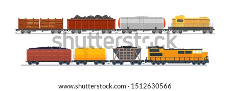 Freight train with wagons, tanks, freight, cisterns. Railway locomotive train with oil wagon, transportation cargo. Transportation of oil, sand, wood. Modern freight traffic vector flat illustration