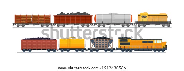 Freight train with wagons, tanks, freight,\
cisterns. Railway locomotive train with oil wagon, transportation\
cargo. Transportation of oil, sand, wood. Modern freight traffic\
vector flat\
illustration