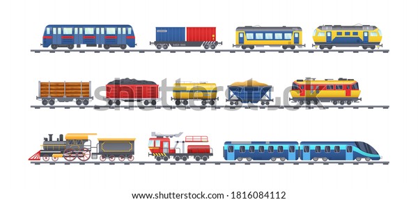 Freight train with wagons, tanks, freight,\
cisterns. Railway locomotive train with oil wagon, transportation\
cargo, railway crane for lifting cargo, transport locomotive,\
subway metro vector\
isolated