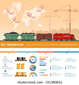 Freight trains infographics. Train transportation, cargo wagons. Global train logistics. Transportation of coal, oil, gas, sand. Railway cargo transport 