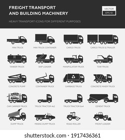 Freight transport and building machinery. Heavy transport icons for different purpose. Truck icons. 