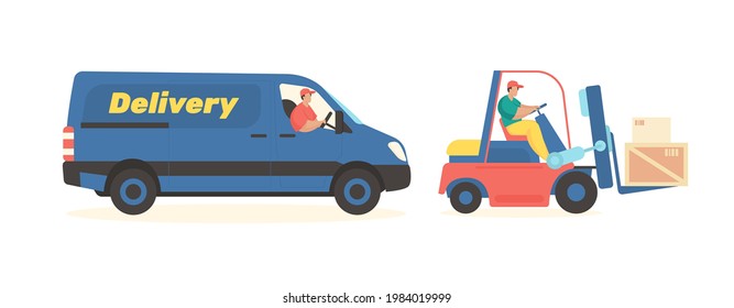 Freight transport delivery service. Transportation minibuses and trucks loaded with forklifts. Distribution boxes and heavy containers with goods. Fast logistics customer. Vector flat illustration