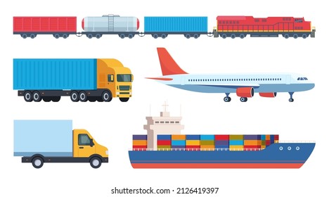 Freight transport icons set. Cargo and delivery, logistics and freight traffic, vector illustration. Includes cargo ship, truck, lorry, train, plane. Vector illustration