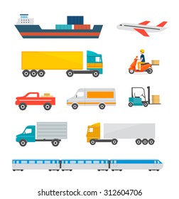 Freight transport icons set. Cargo and delivery, logistics and freight traffic, vector illustration. Includes cargo ship, truck, lorry, car, plane, scooter etc. Isolated