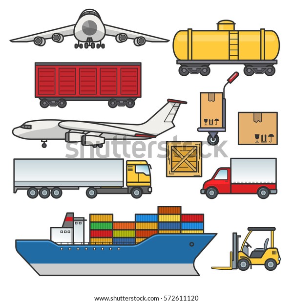 Freight transport icons set. Cargo and delivery,\
logistics flat outline elements. Freighter ship, truck, lorry, car,\
plane, tank, goods\
wagon.