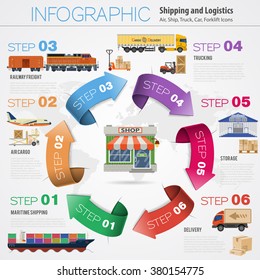 Freight Transport and Packaging Infographics with Flat icons such as Truck, Plane, Train, Ship with Arrows. Logistics and Delivery Concept. vector illustration
