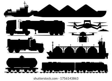 Freight transport set. Industrial transportation shipping vehicle silhouettes. Isolated freight ship, tanker truck, railroad car, drone, train transport flat icon collection. Cargo delivery service