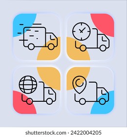 Freight transport set line icon. Delivery van, speed, mail, goods, safety of fragile material. Glassmorphism style. Vector line icon for business and advertising