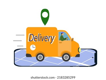 Freight Transport With Tracking On The Map. A Courier On A Truck Delivers Parcels Quickly. Through The Application, You Can See Exactly Where It Is.