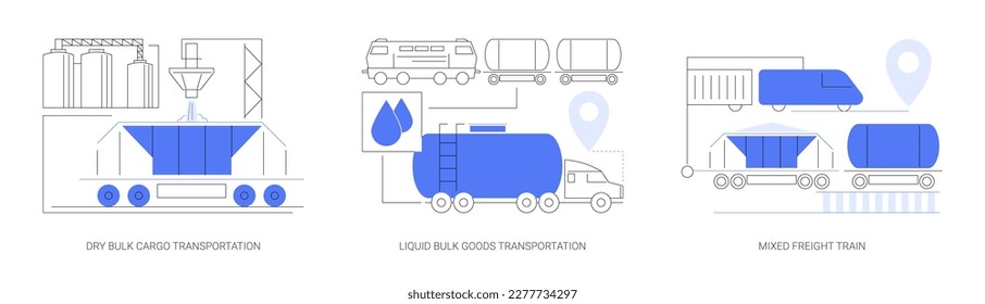 Freight transportation abstract concept vector illustration set. Dry bulk cargo transportation, liquid goods shipping, mixed freight train loading, hopper wagon, goods export abstract metaphor. svg