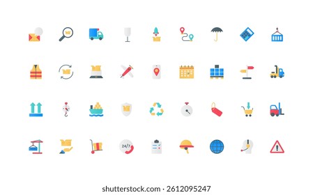 Freight transportation, box loading and storage, support service, export color icon set. Delivery calendar, warehouse equipment and machinery, cargo insurance flat elements vector illustration