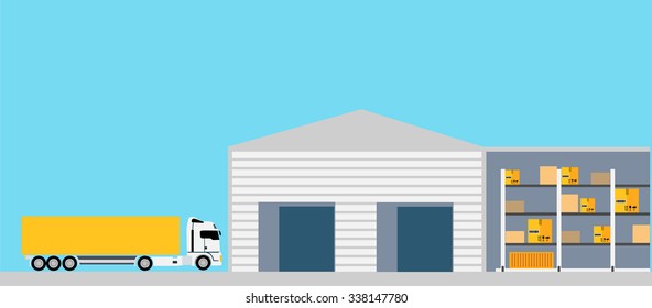 Freight transportation concept design style. Logistic and freight truck, truck cargo, container and transport, package and delivery, box and order, vehicle and export, warehouse and van illustration