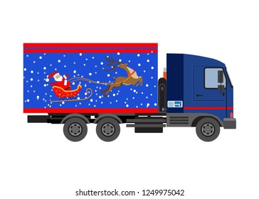 Freight transportation. Delivery of Christmas gifts. Truck. Car with a body. Vector illustration.