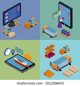 Freight transportation and delivery logistics flat icons set with international operator complex service abstract isolated vector illustration.