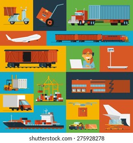 Freight transportation and delivery logistics flat icons set with  international operator complex service  abstract isolated vector illustration