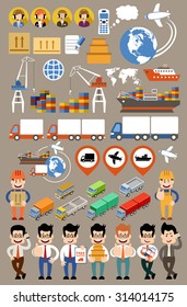 Freight transportation and delivery logistics flat set. Transport delivery services. Vector illustration