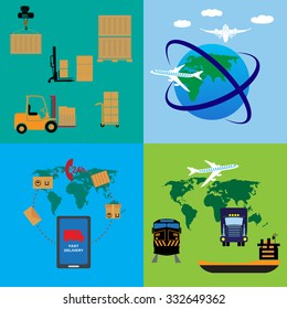 Freight transportation and delivery logistics flat icons set with international operator complex service abstract isolated vector illustration