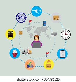 Freight transportation and delivery logistics flat icons set with international operator complex service abstract isolated vector illustration