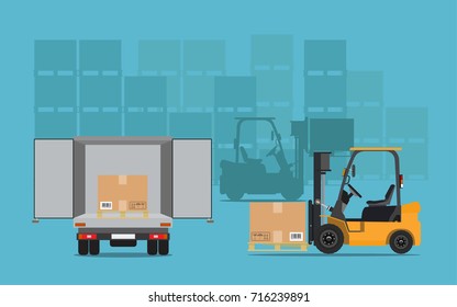 Freight transportation, forklift in warehouse loading cardboard boxes, warehouse logistics.Vector illustration
