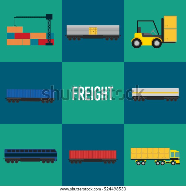 Freight transportation icon set vector\
illustration. Cargo crane loading container, forklift with packing\
boxes, cargo train and freight container truck icons. Warehouse\
logistics and delivery\
business
