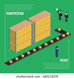 Freight transportation isometric vector illustration. Warehouse interior with delivery conveyor and working people. Freight automatic delivery, cargo transportation, logistics technology concept