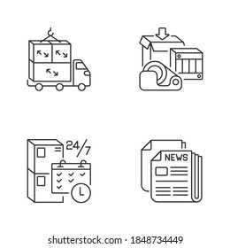 Juego de iconos lineales de transporte de mercancías. Cargas grandes, suministros de envío, horario de recogida y símbolos de contorno delgado personalizables para el periódico. Ilustraciones aisladas del contorno vectorial. Trazo editable