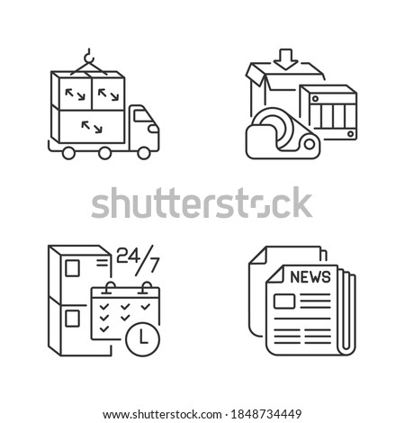 Freight transportation linear icons set. Large cargo, shipping supplies, pickup schedule and newspaper customizable thin line contour symbols. Isolated vector outline illustrations. Editable stroke