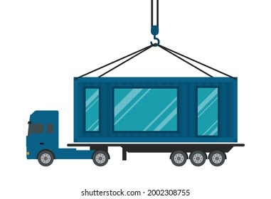 Freight transportation, mobile home office delivery, export, truck isolated vector flat illustration