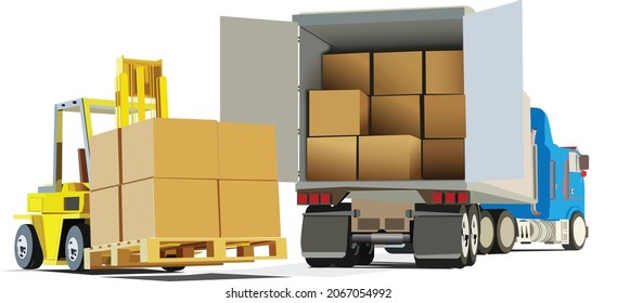 Transporte de mercancías, envío de paquetes, logística de almacén y concepto de carga y descarga de carga, camión de entrega con cajas de cartón y carretilla elevadora con paleta aislada en blanco