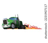 Freight truck burning rubber behind it