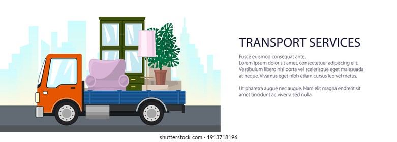 Freight truck is transporting furniture on the background of the city, banner of transport services and logistics, vector illustration